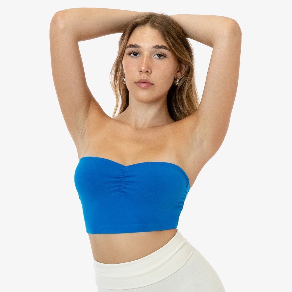 Los Angeles Apparel garment dye ruched front tube top.